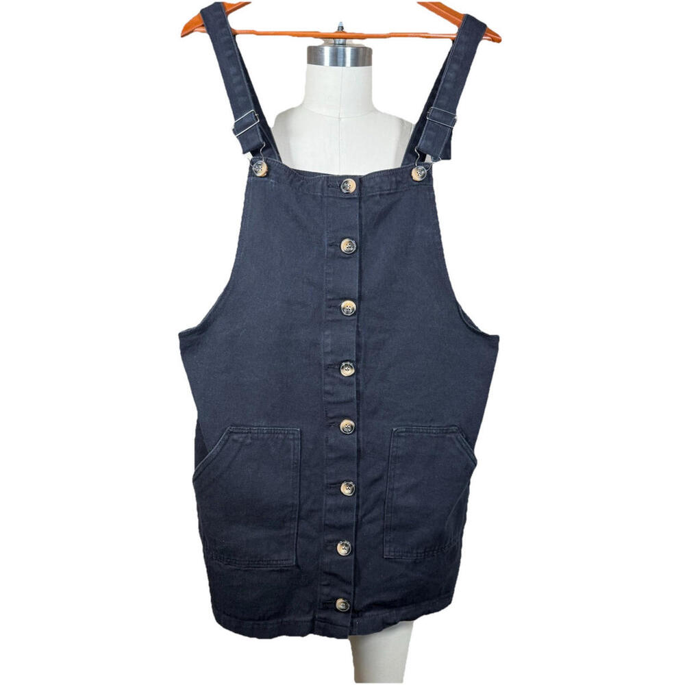 BOOHOO Blue Black Denim Jumper Sz 14 Mini Overall Dress  Pockets